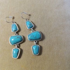 KC Kenneth Cole Silver with Turquoise 2" Drop. Pierced Earrings on Wire.